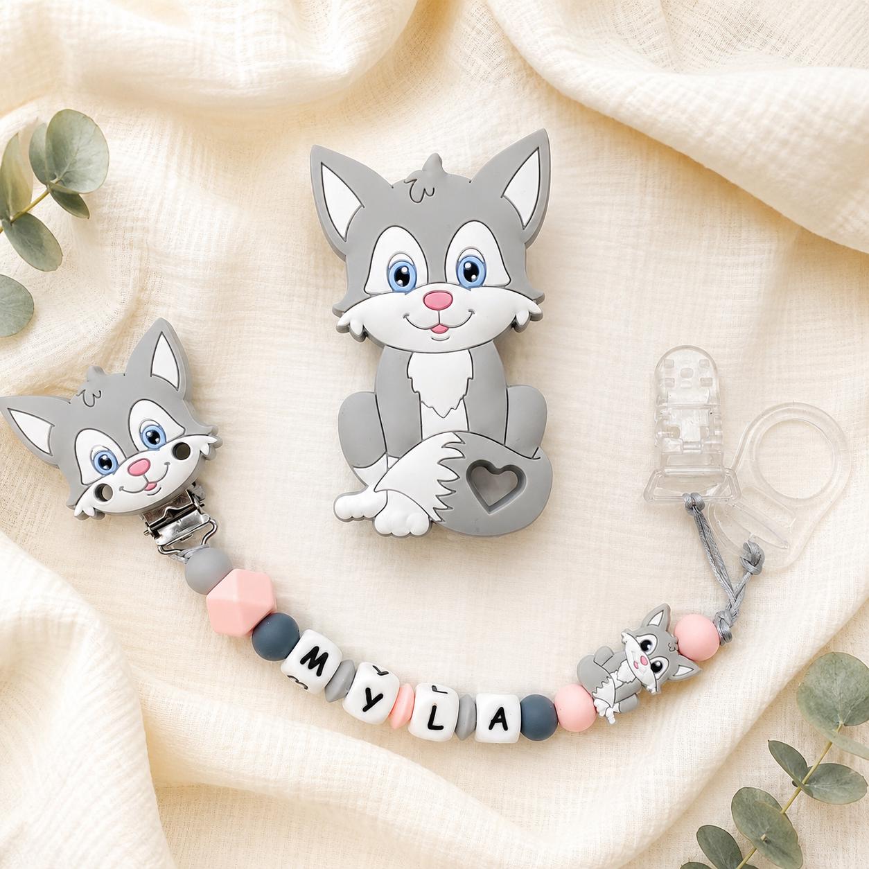Attache sucette personnalisée chat gris ou orange – silicone – photo principale