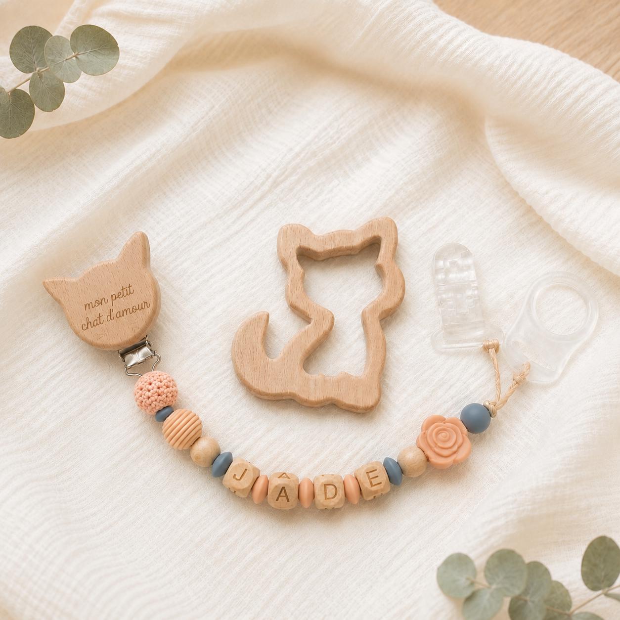 Attache sucette personnalisée chat et fleur – silicone – photo principale