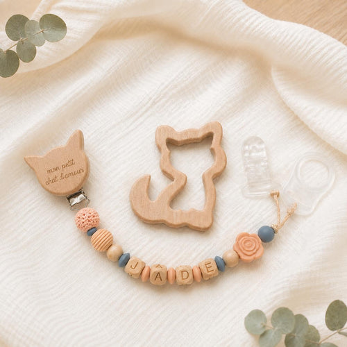 Attache sucette personnalisée chat et fleur – silicone – photo principale