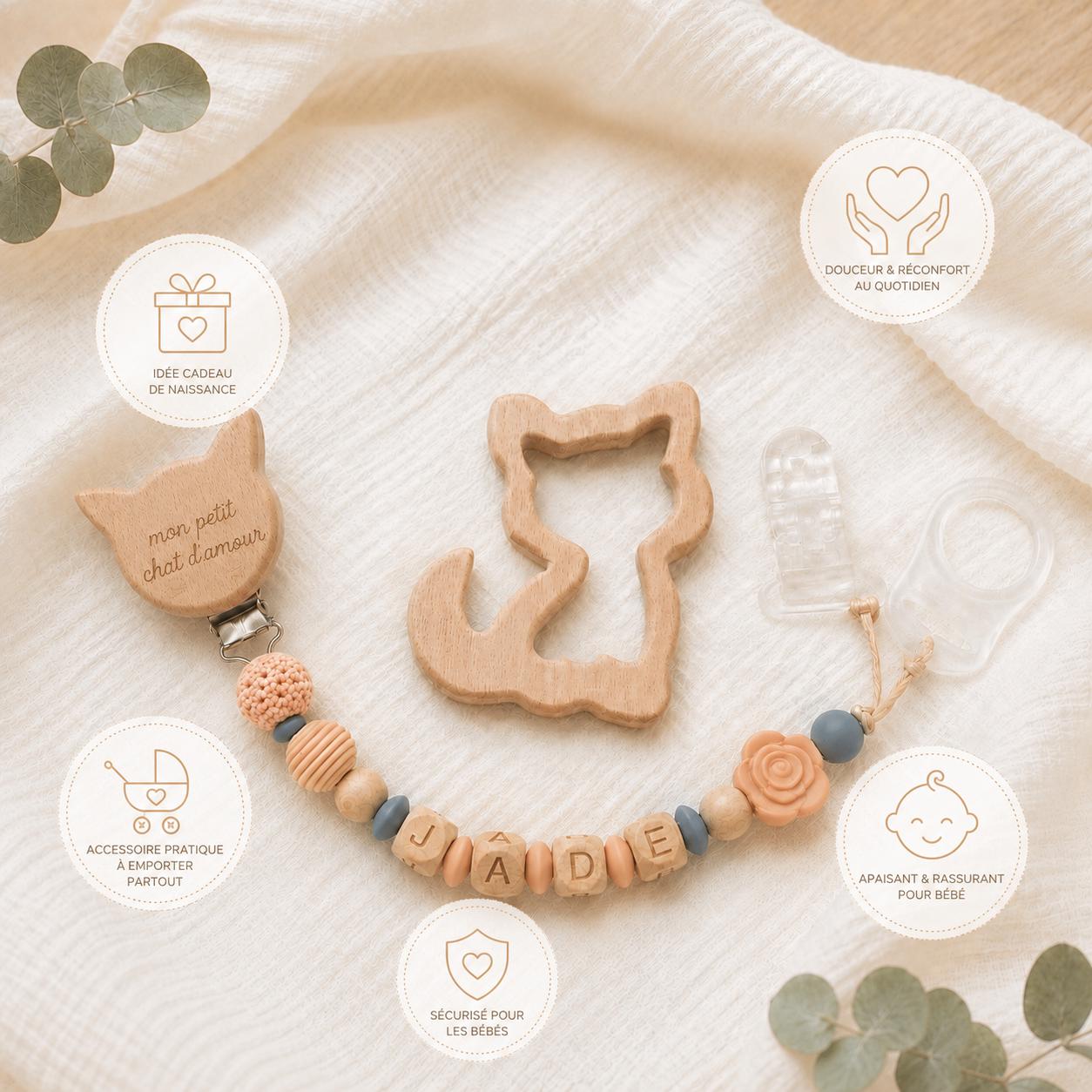 Attache sucette personnalisée chat et fleur – silicone – vue 4