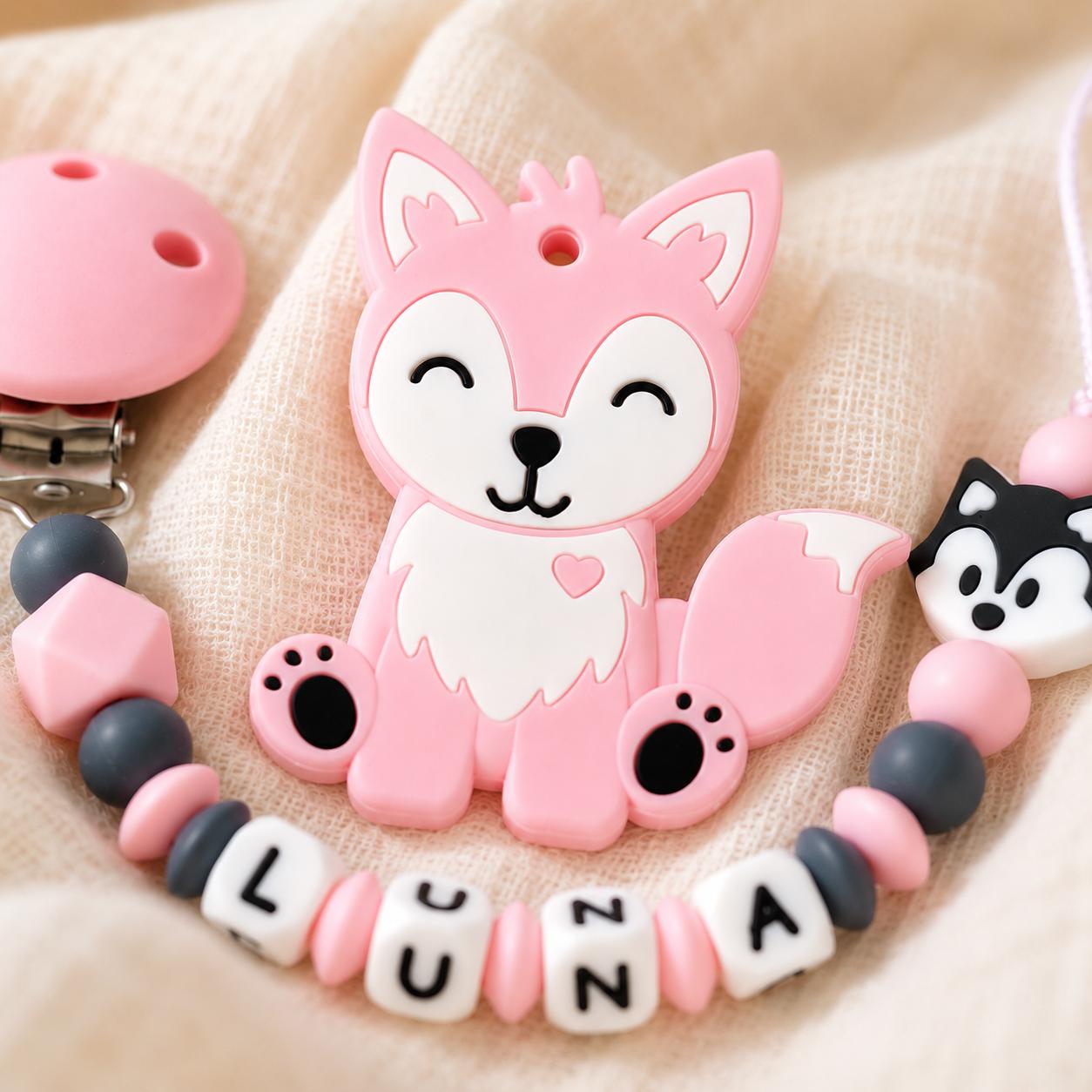 Attache sucette personnalisée loup rose – silicone – vue 2