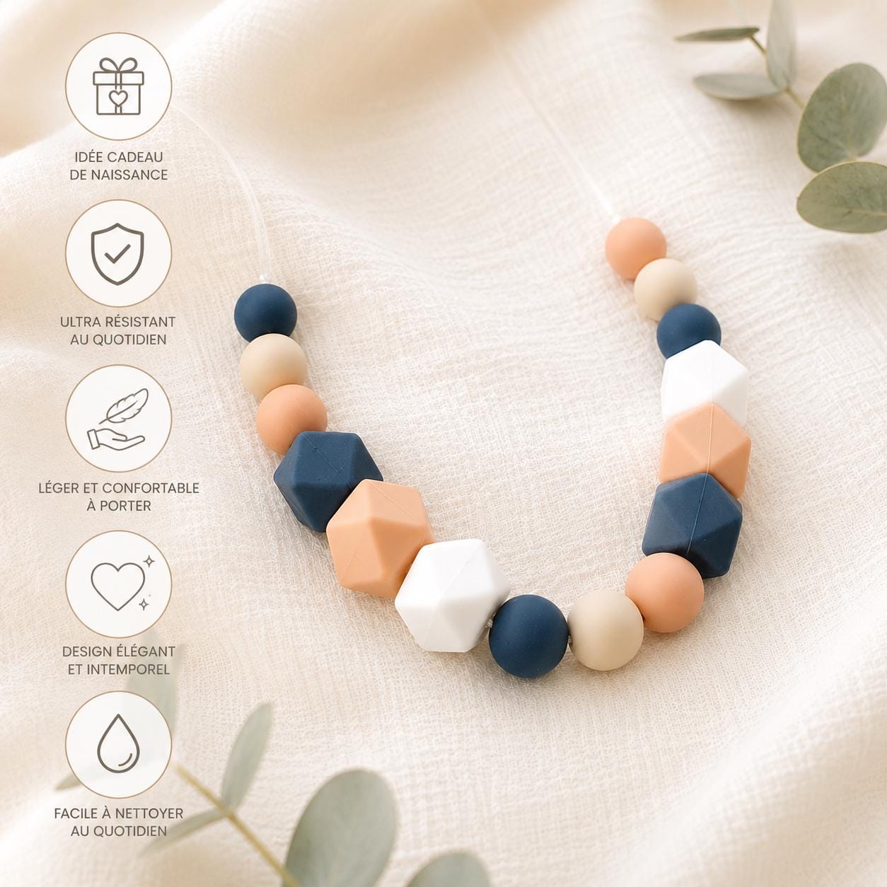 Collier d’allaitement Léa – gris, blanc et pêche – vue 7