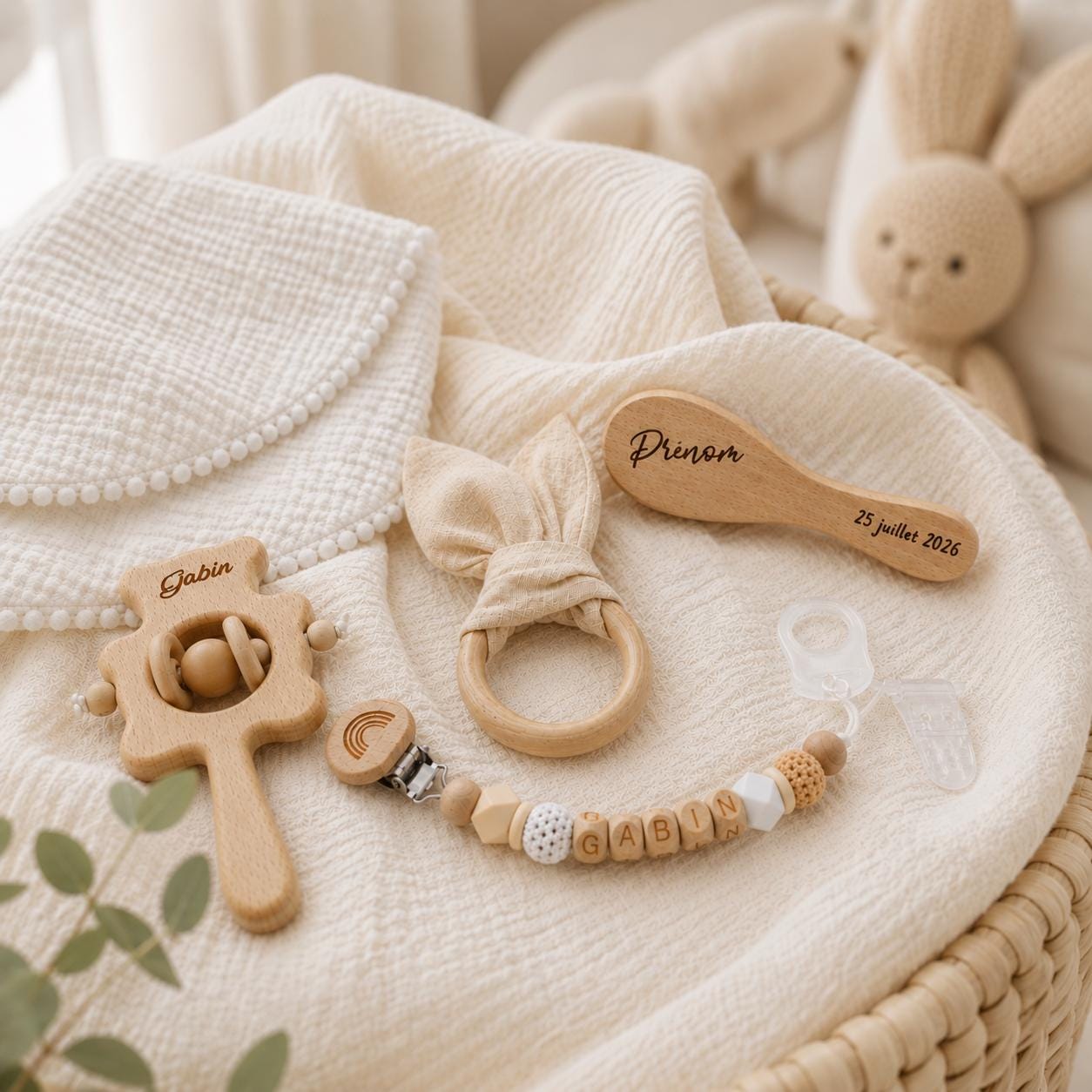 Coffret naissance lapin beige personnalisé – 5 pièces – vue 2