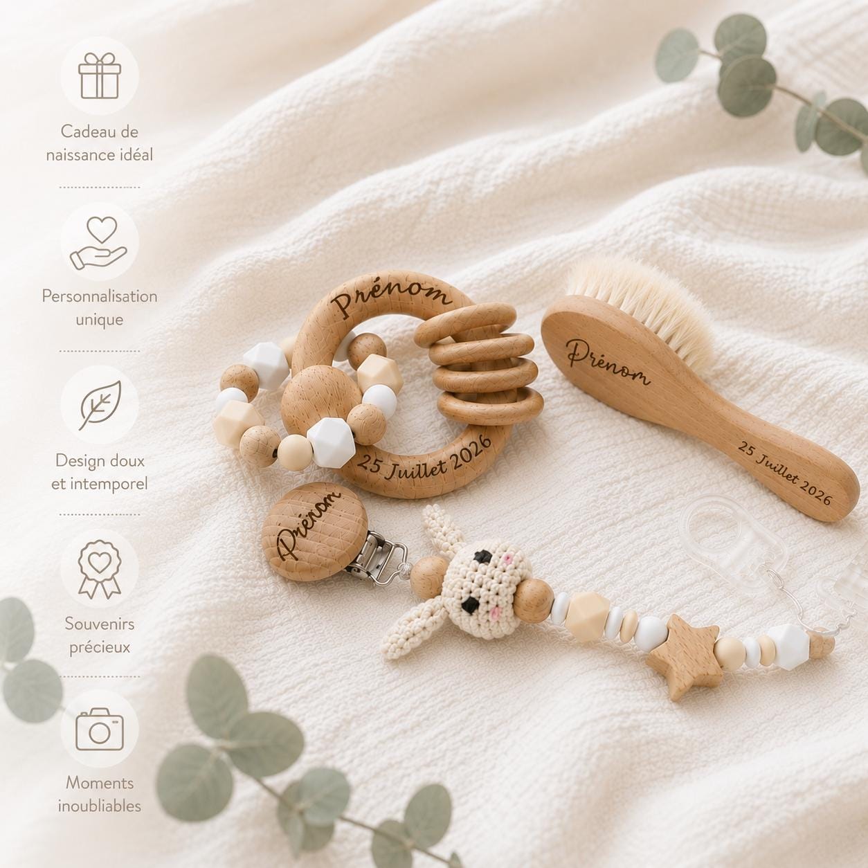 Coffret naissance personnalisé lapin – 5 pièces avec doudou – vue 5