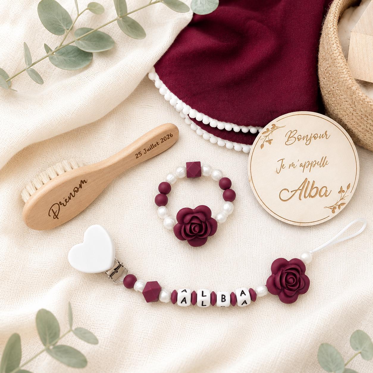 Coffret naissance personnalisé fleur – 5 pièces – photo principale