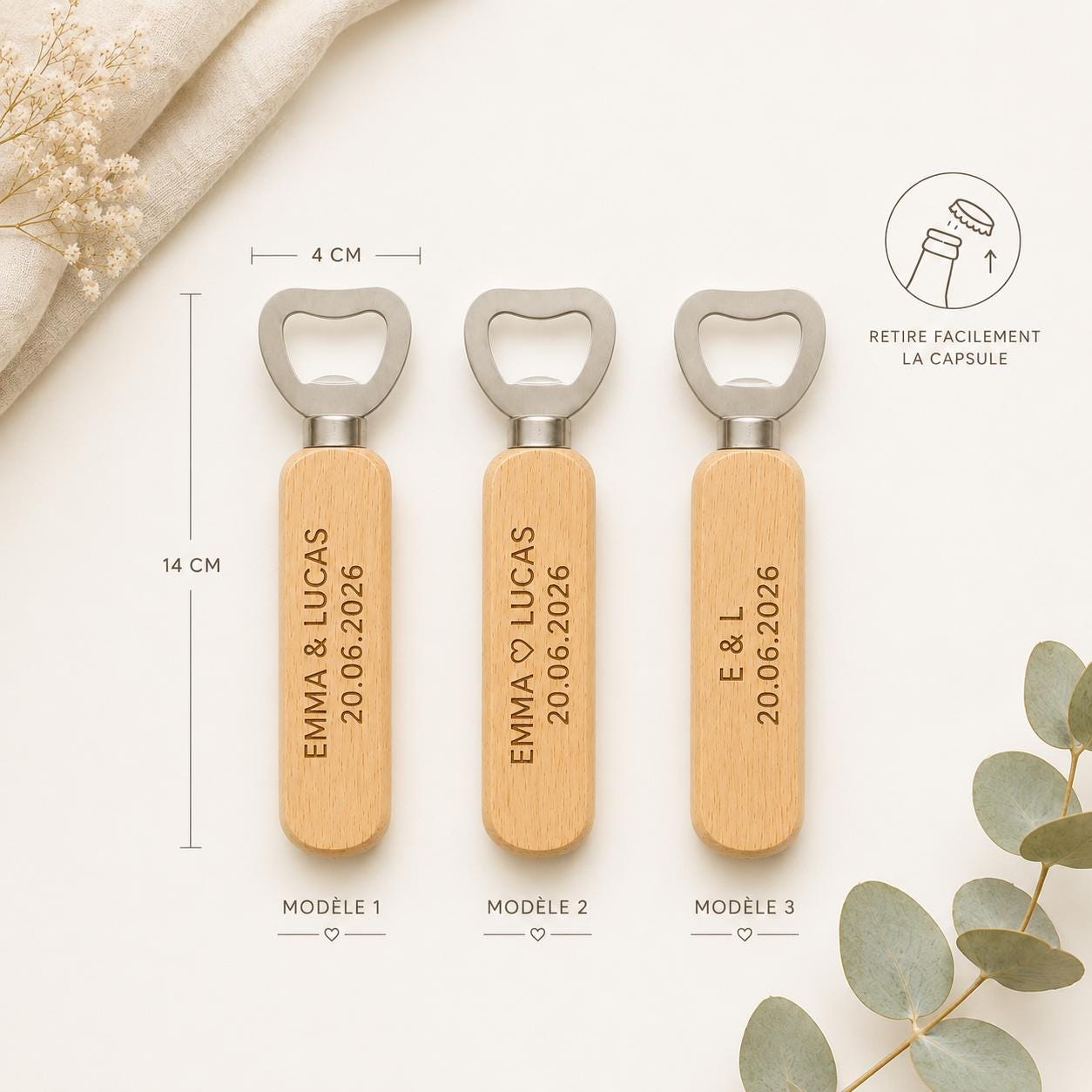 Décapsuleur mariage personnalisé en bois – cadeau invité – vue 4