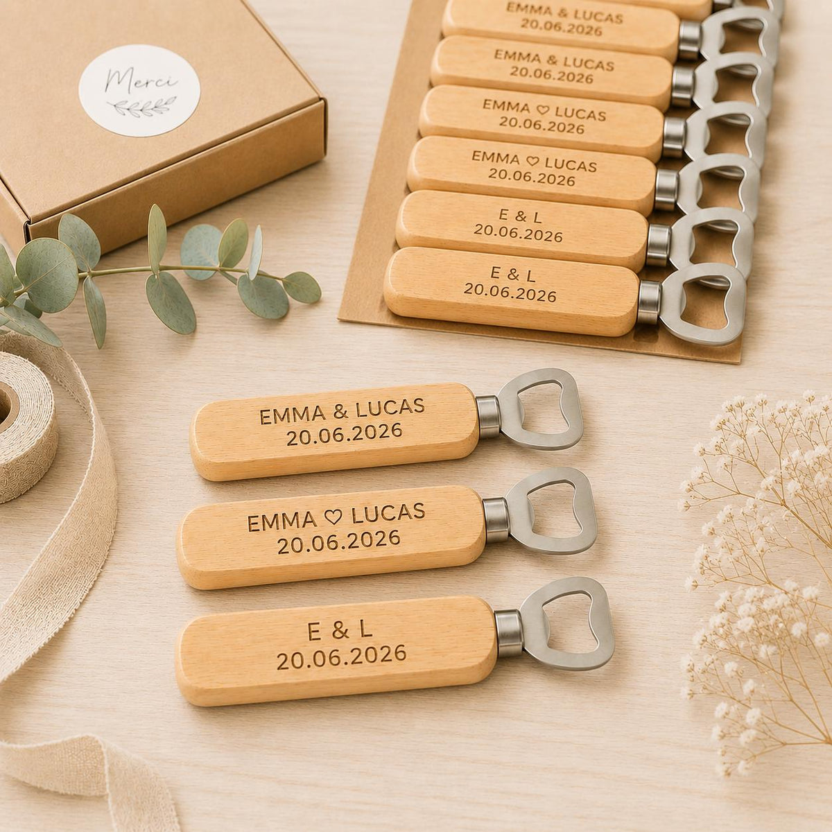 Décapsuleur mariage personnalisé en bois – cadeau invité – vue 8