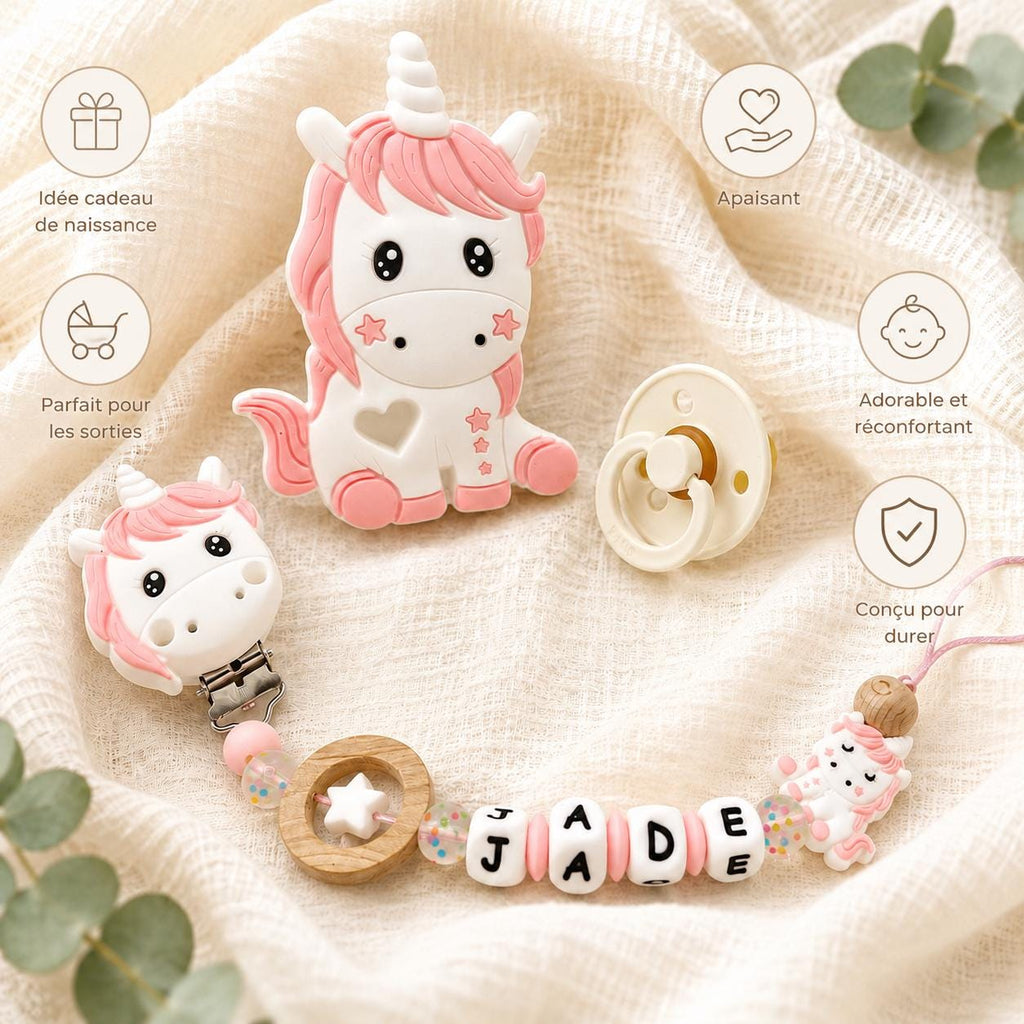 Attache sucette personnalisée licorne pastel – silicone – vue 5
