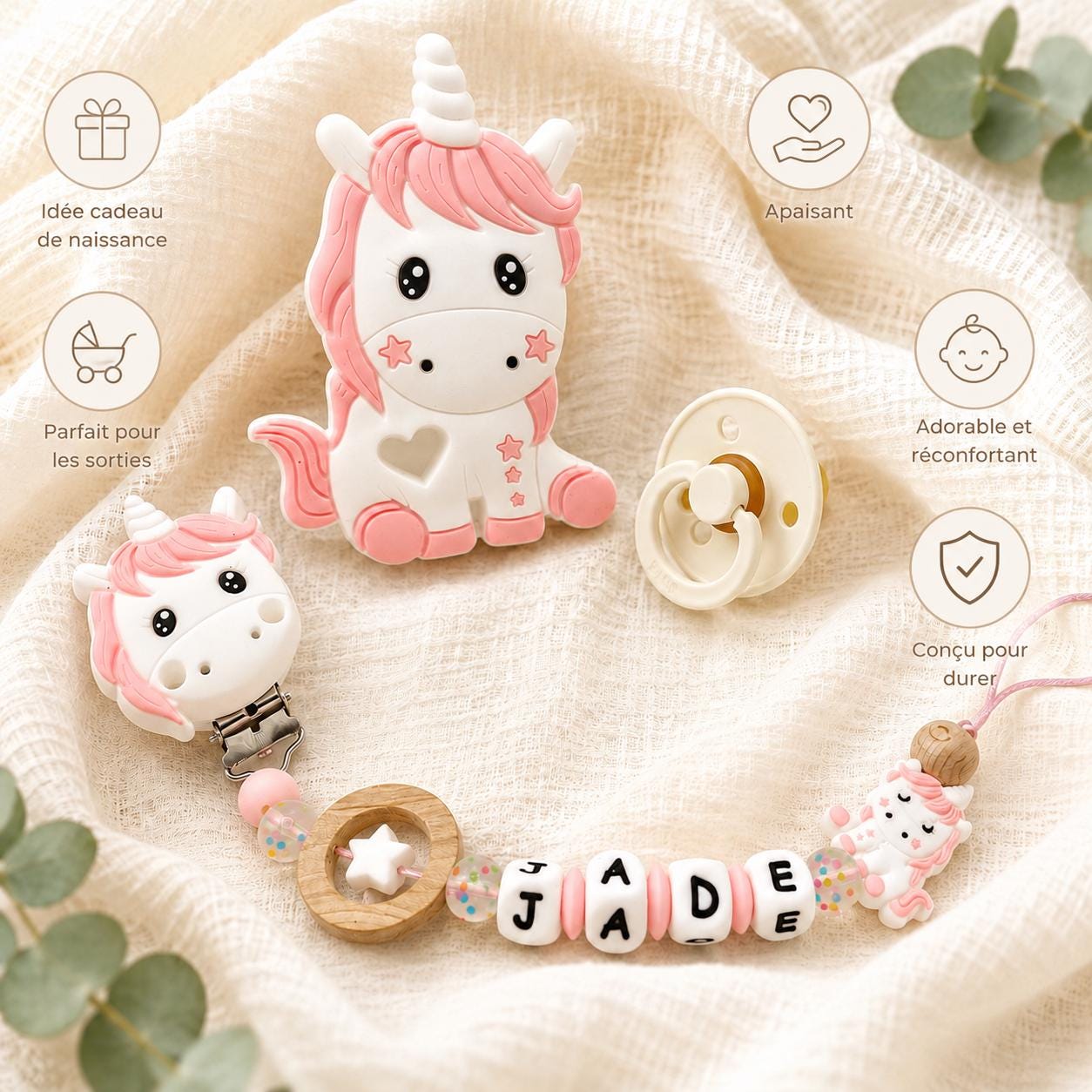 Attache sucette personnalisée licorne pastel – silicone – vue 5