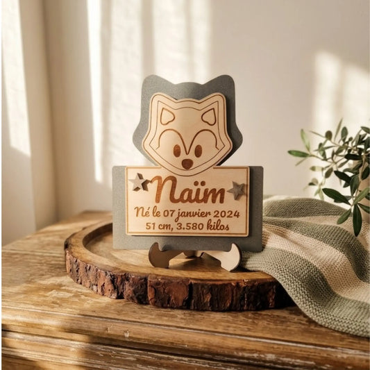 Plaque de naissance loup personnalisée en bois – vue principale