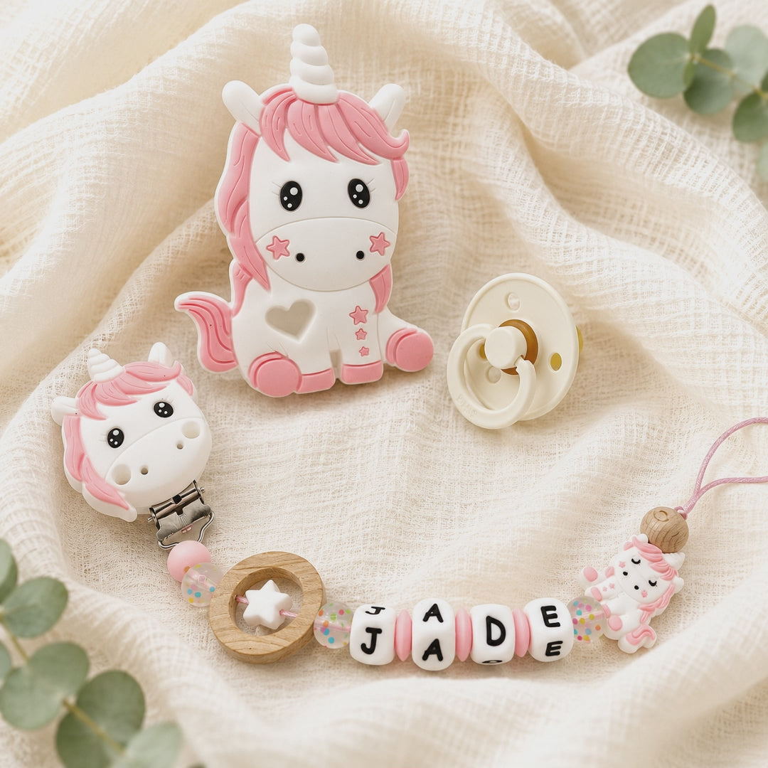 Attache sucette personnalisée licorne pastel – silicone
