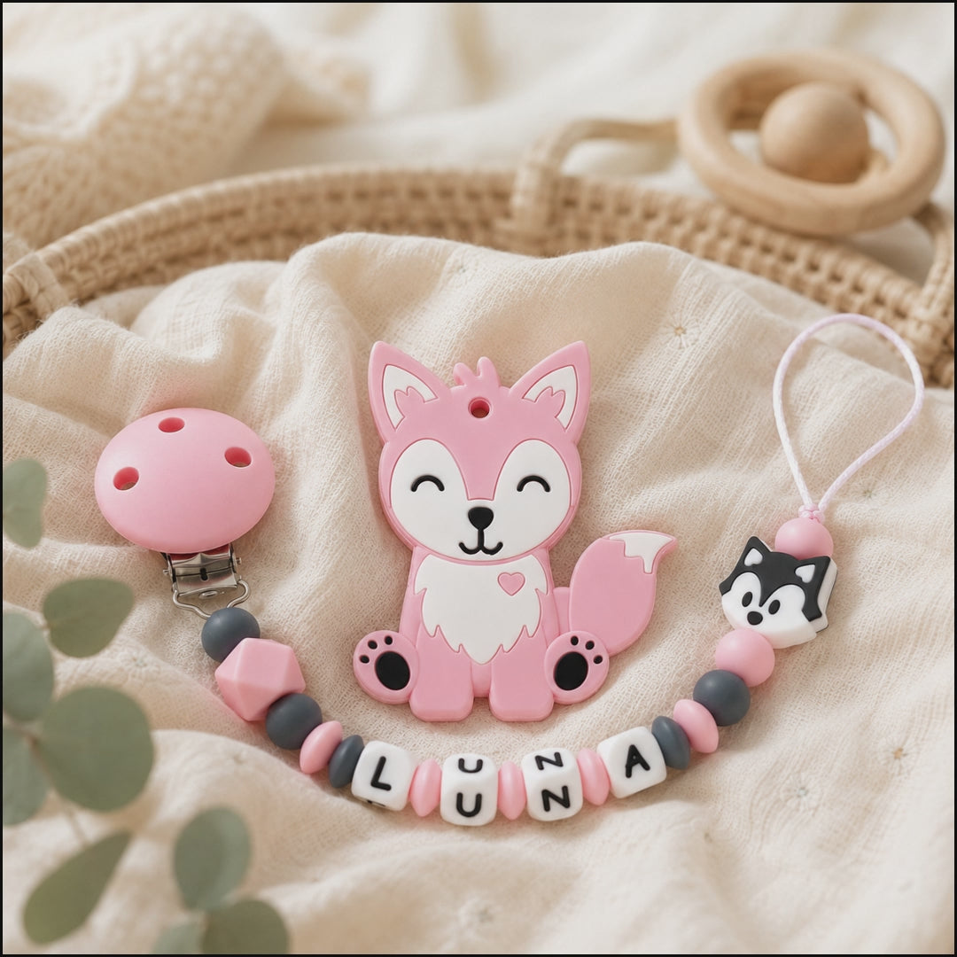 Attache sucette personnalisée loup rose – silicone