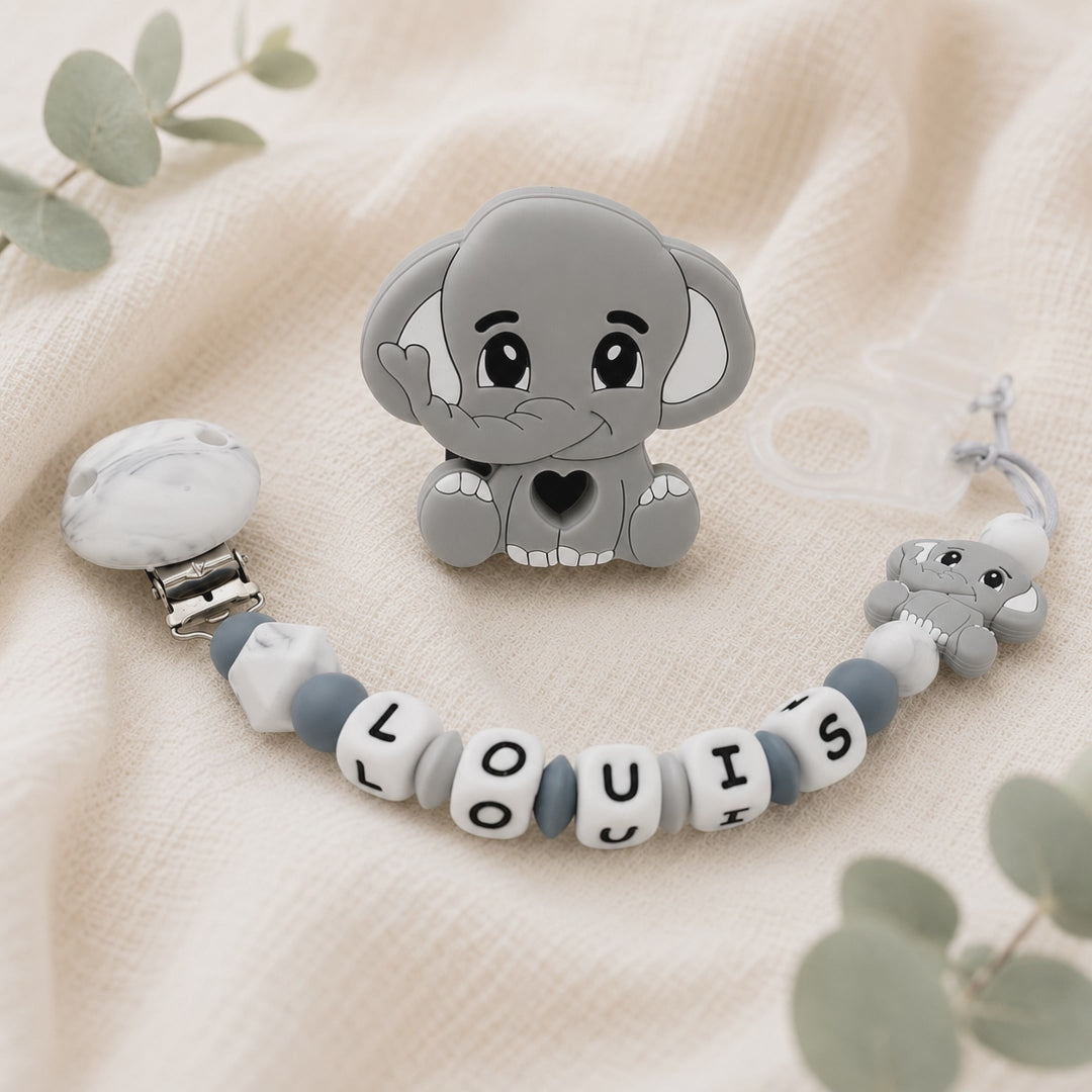Attache sucette personnalisée éléphant – silicone et bois