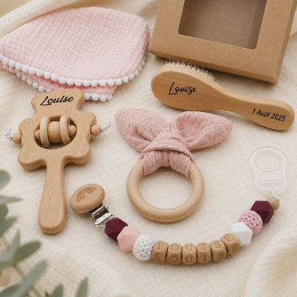 Coffret naissance lapin rose personnalisé – 5 pièces