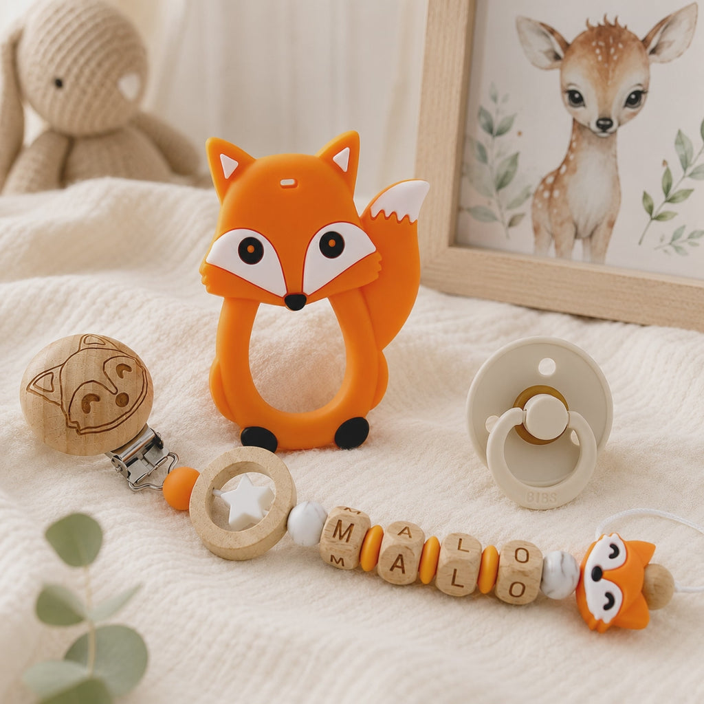 Attache sucette personnalisée renard gravé – bois et silicone