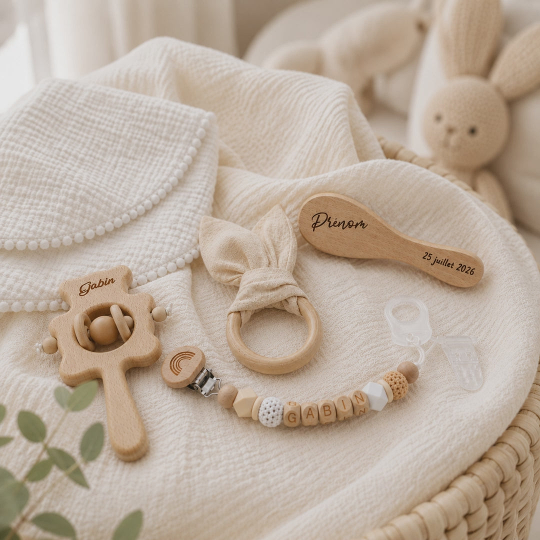 Coffret naissance lapin beige personnalisé – 5 pièces