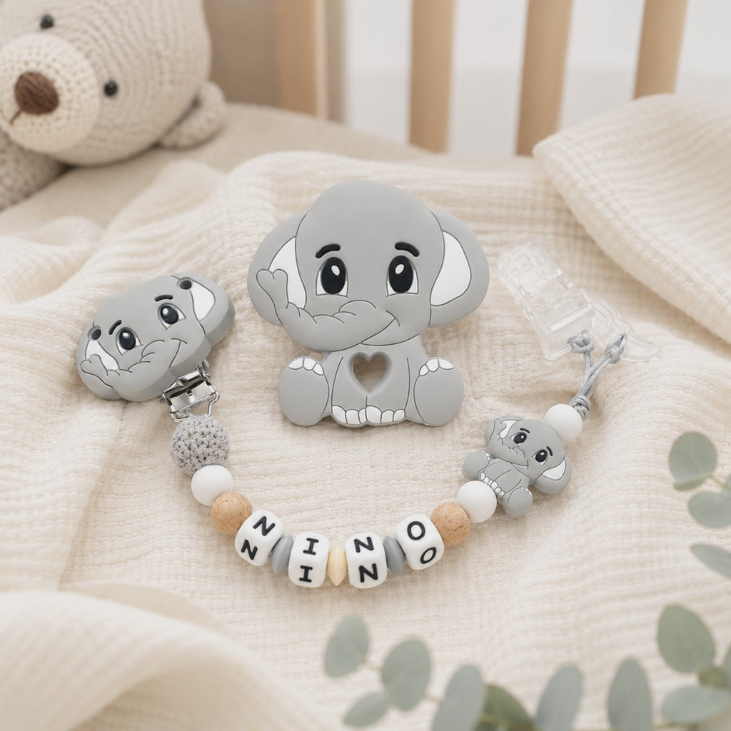 Attache sucette personnalisée éléphant pastel – silicone