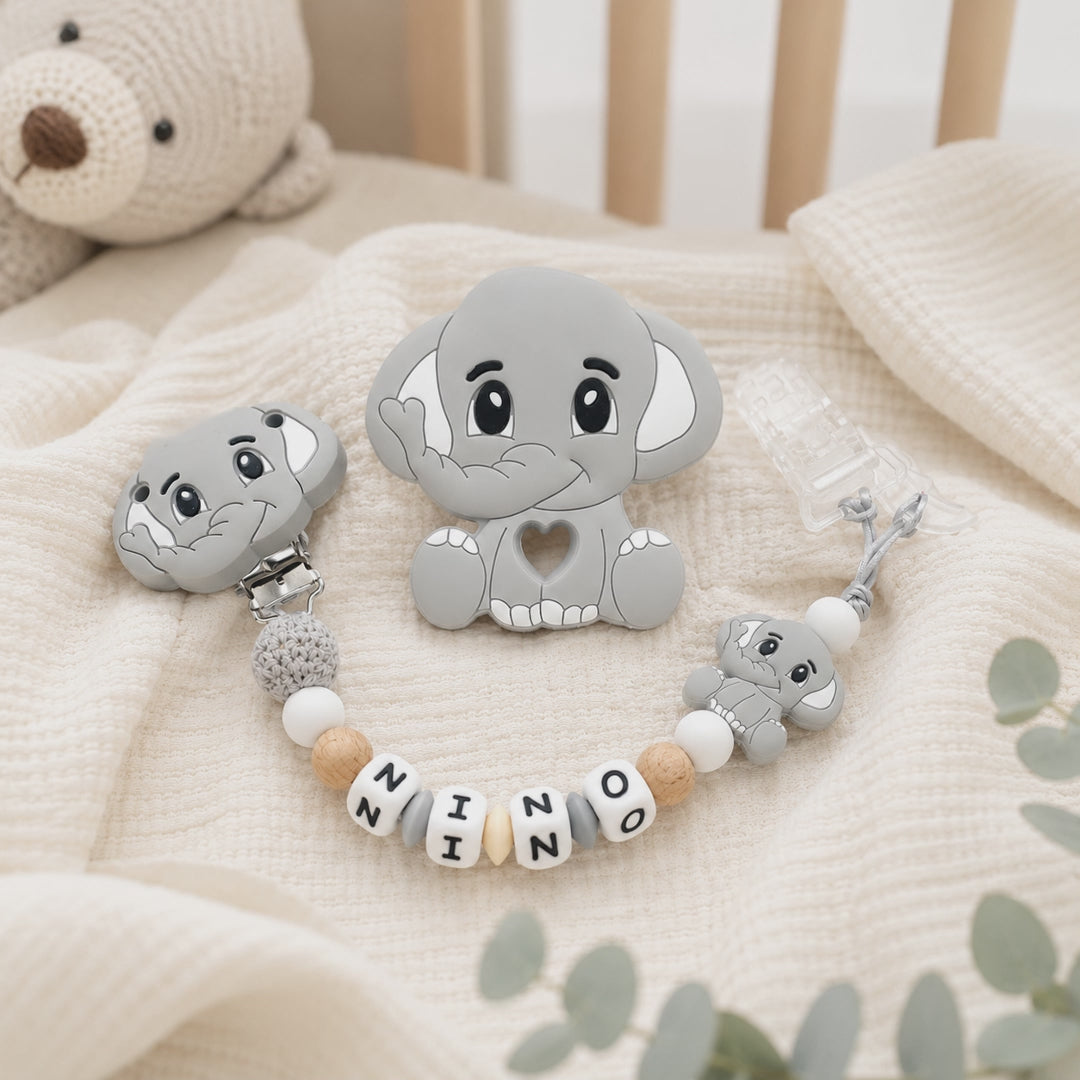 Attache sucette personnalisée éléphant pastel – silicone