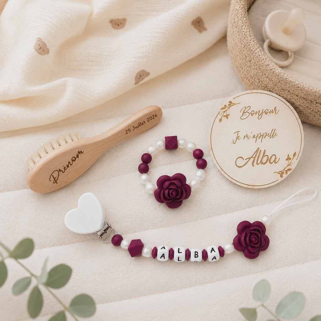 Coffret naissance personnalisé fleur – 5 pièces