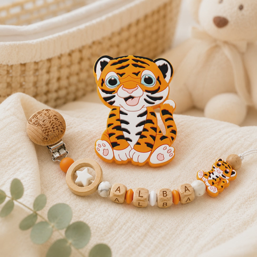 Attache sucette personnalisée tigre gravé – bois et silicone
