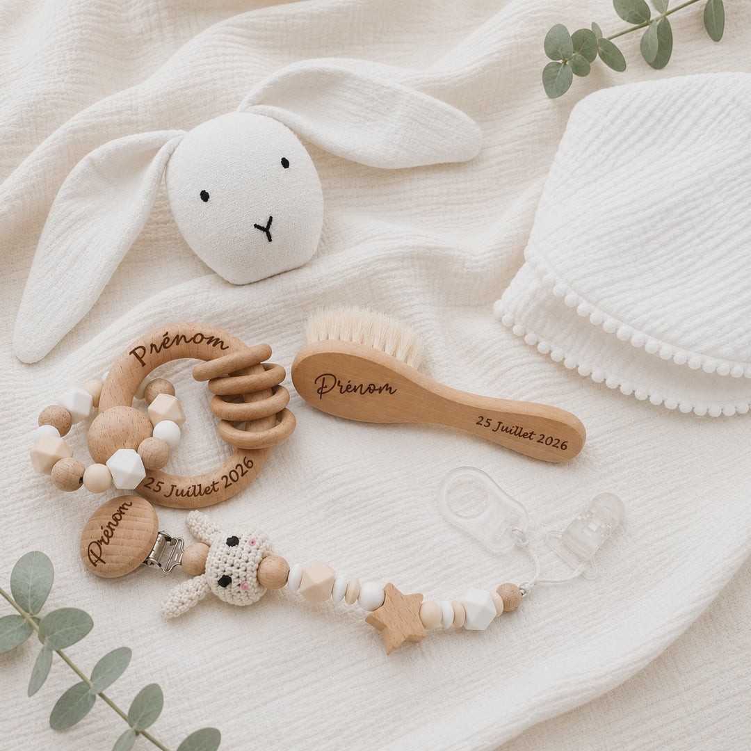 Coffret naissance personnalisé lapin – 5 pièces avec doudou