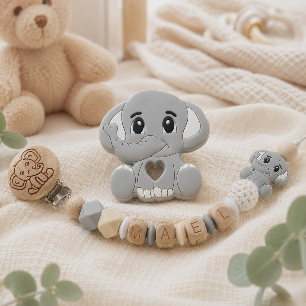 Attache sucette personnalisée éléphant gravé – bois et silicone