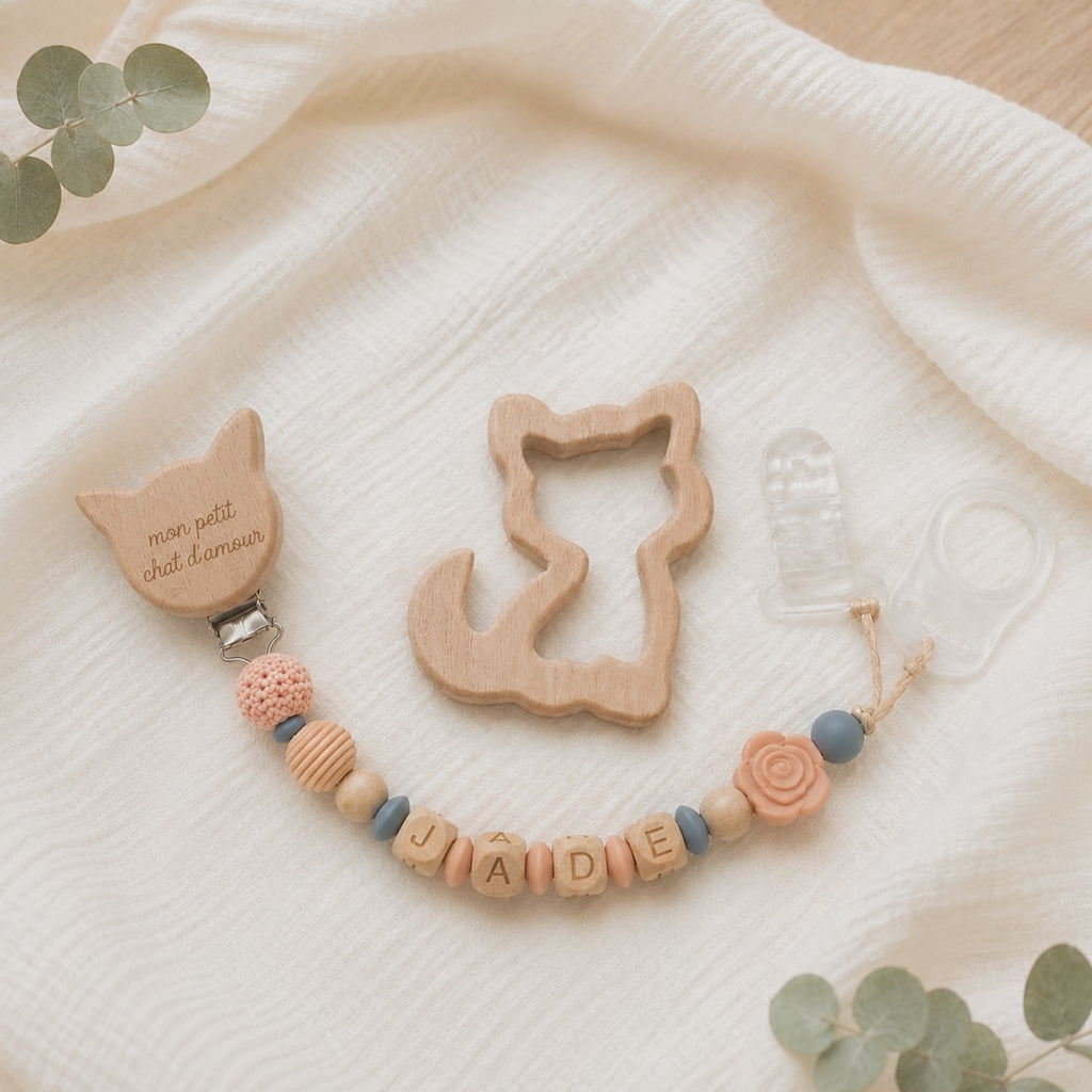 Attache sucette personnalisée chat et fleur – silicone
