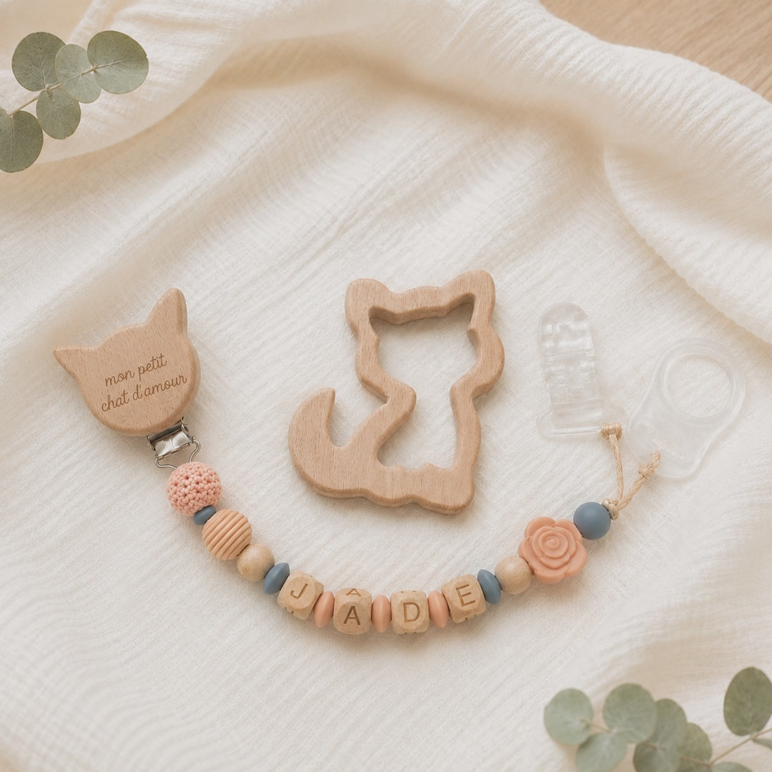 Attache sucette personnalisée chat et fleur – silicone
