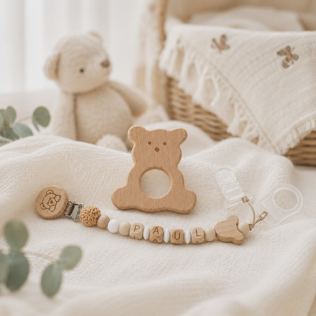 Attache sucette personnalisée ourson naturel – bois et silicone