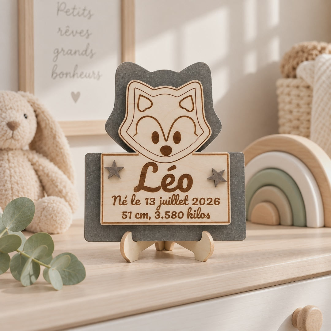 Plaque de naissance loup personnalisée en bois