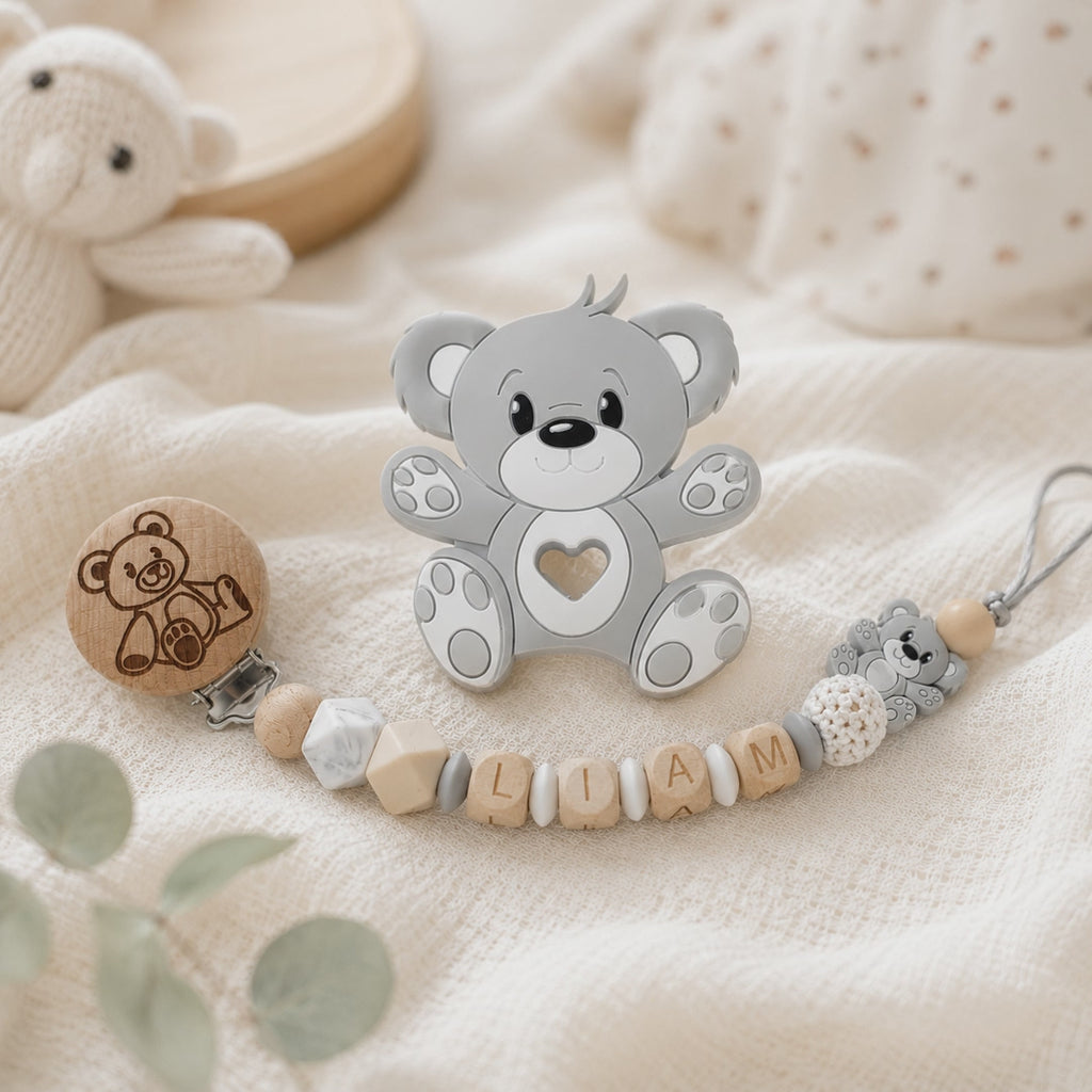 Attache sucette personnalisée ourson gravé – bois et silicone