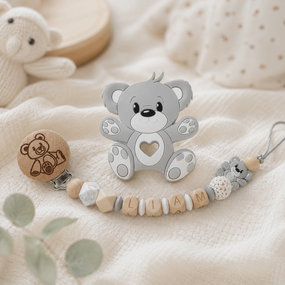 Attache sucette personnalisée ourson gravé – bois et silicone